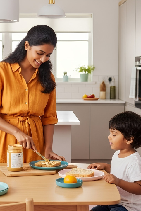 mother giving her son Peanut Butter